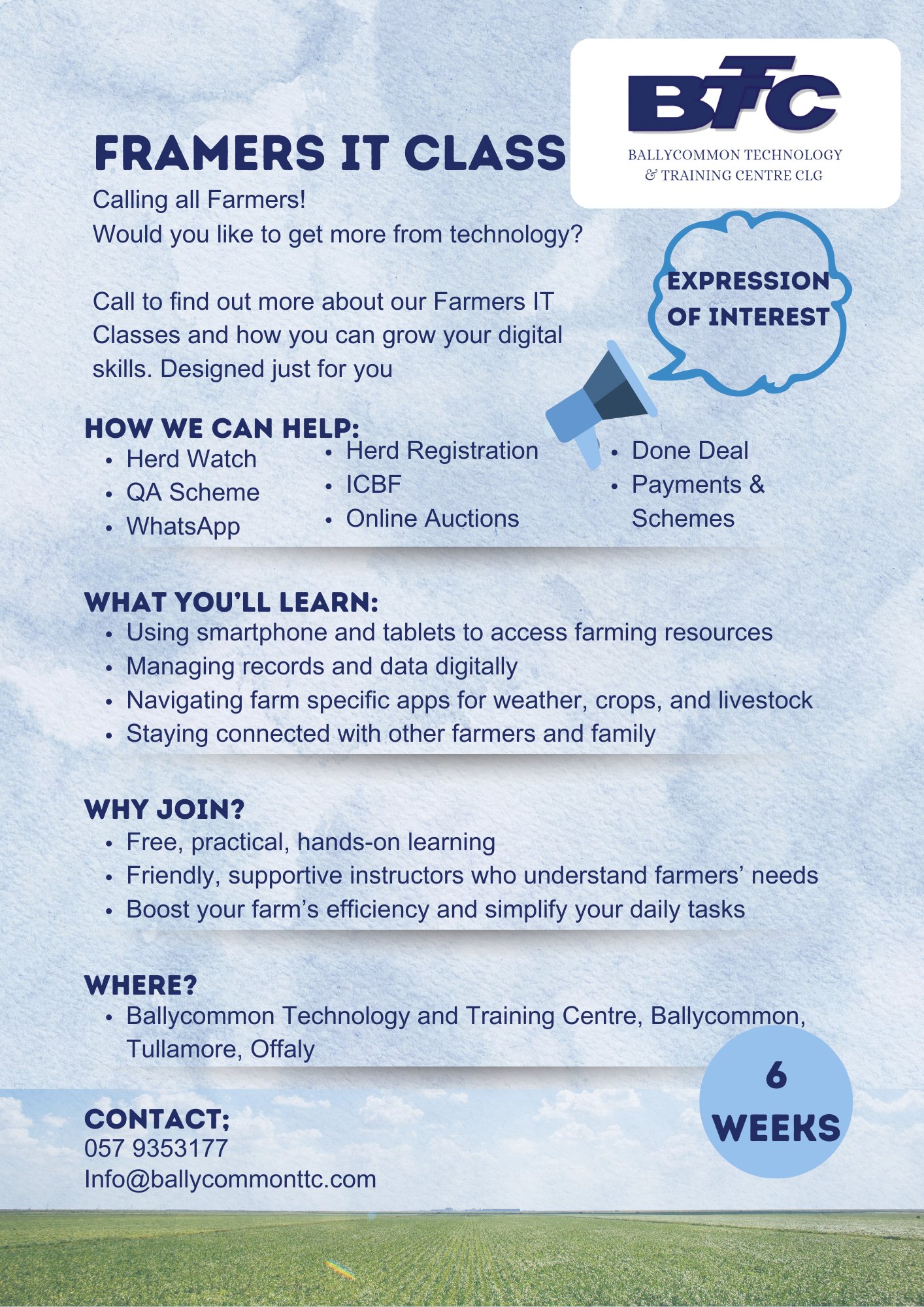 Farmers IT Class flyer from Ballycommon Technology and Training Centre. Features course details, topics covered, benefits, and contact information for farmers interested in improving their digital skills